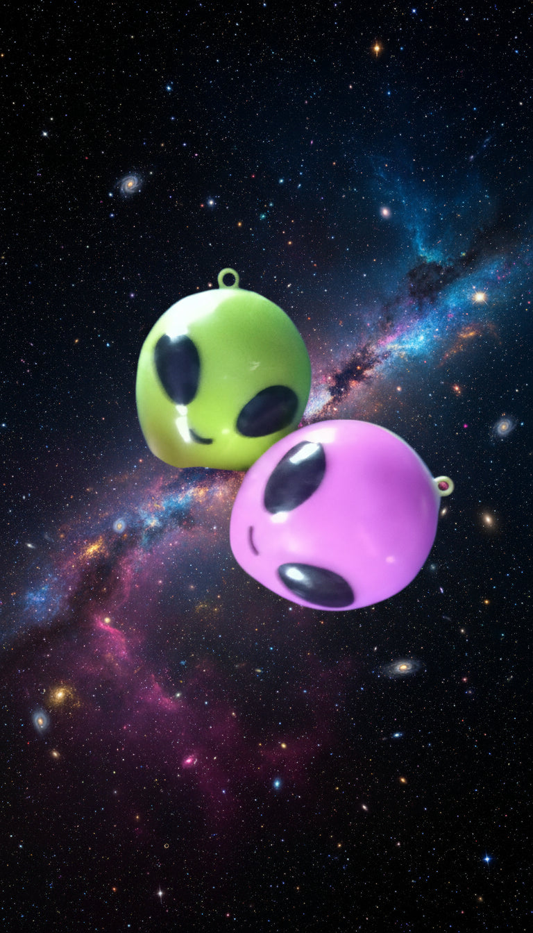Two colorful alien-shaped keychains, one green and one pink, held against a blue background.
