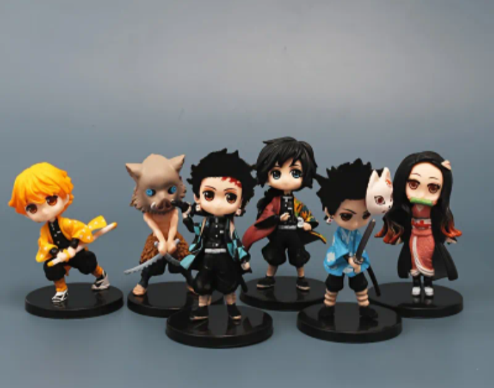 Six anime-style figurines on a gray background