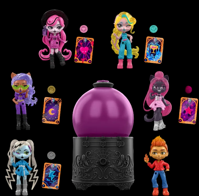 Collection of colorful dolls and accessories on a black background